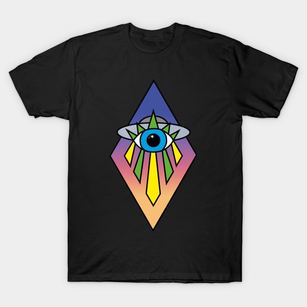 UFO Evil Eye Art Deco Geometric Diamond Shape sunset Sky Space Illuminati Pyramid T-Shirt by Ciara Shortall Art